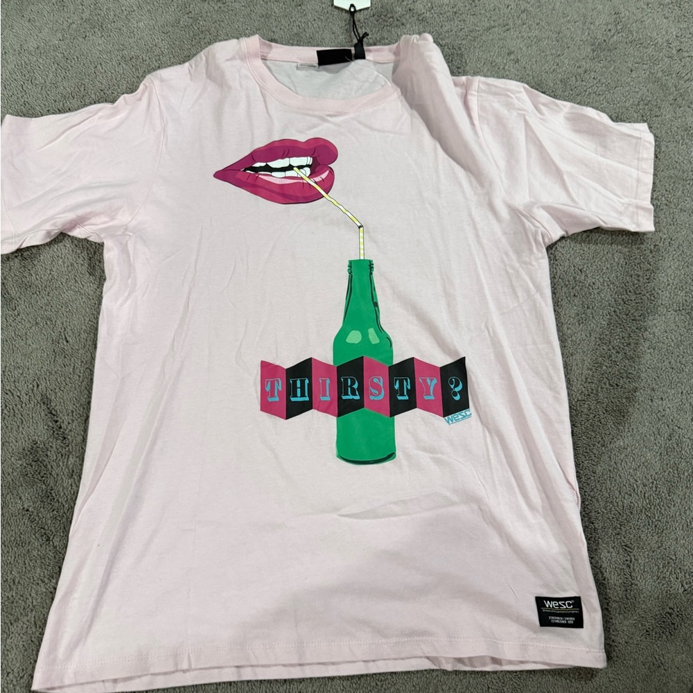 Wesc Light Pink T-Shirt with Green Bottle Graphic